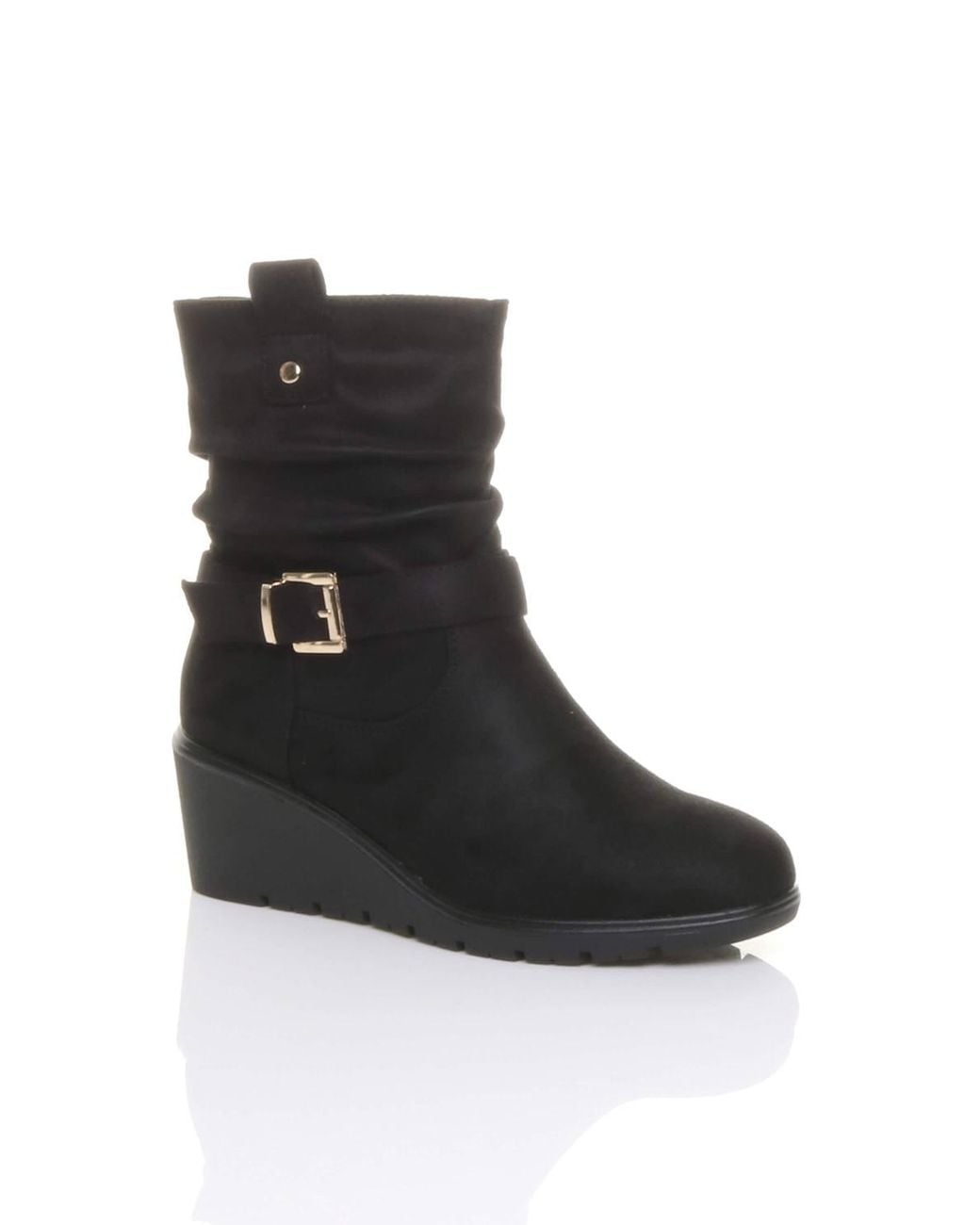 AJVANI Black Mid Wedge Heel Buckle Ankle Boots