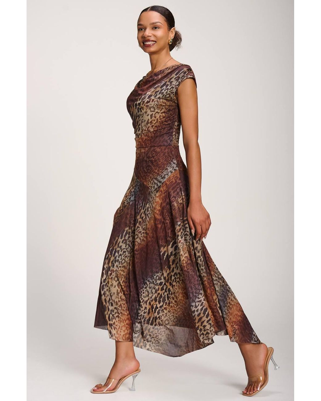 Jolie Moi Brown Asymmetrical Draped Mesh Maxi Dress