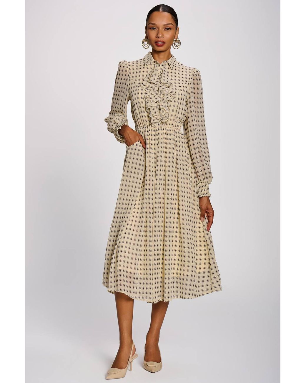 Jolie Moi Natural Chiffon Print Ruffled Shirt Dress