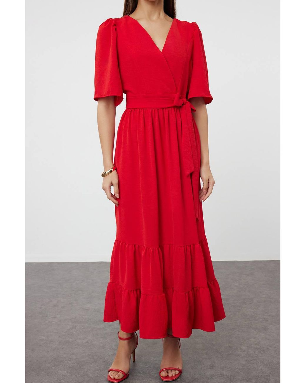 WOVCOR Red Belted Wrap Neck Back Detail Midi Dress