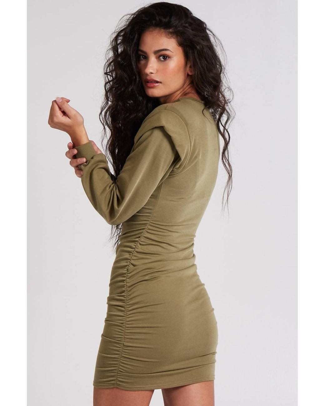 Pink Vanilla Green Hooded Shoulder Pad Gathered Hem Dress
