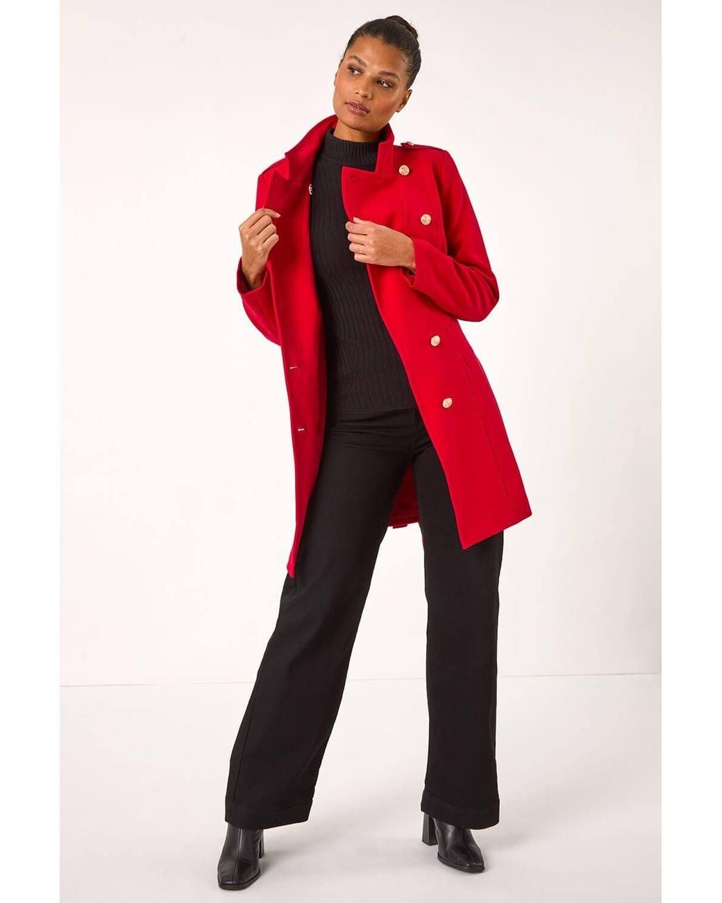Roman Red Funnel Neck Buttoned Coat