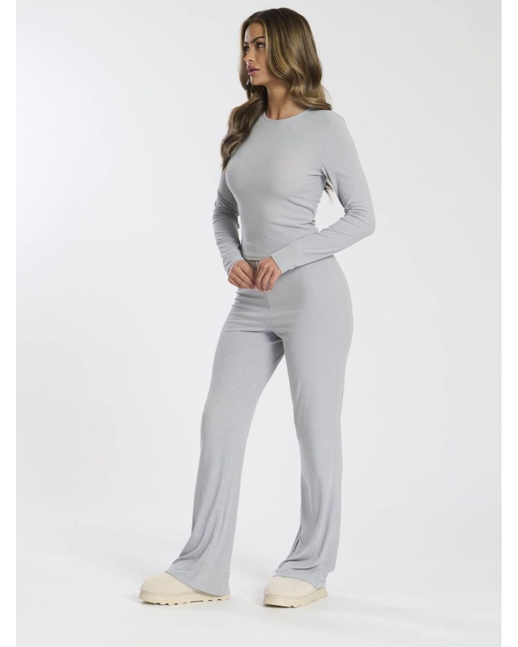 Loungeable White Long Sleeve Top & Flare Legging Lounge Set