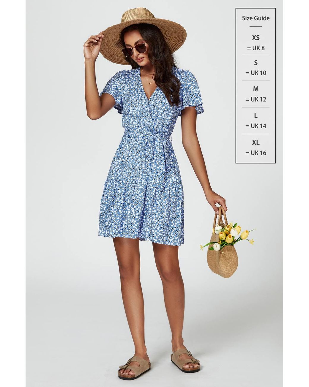 FS Collection Blue Floral Print Hem Tiered Wrap Mini Dress