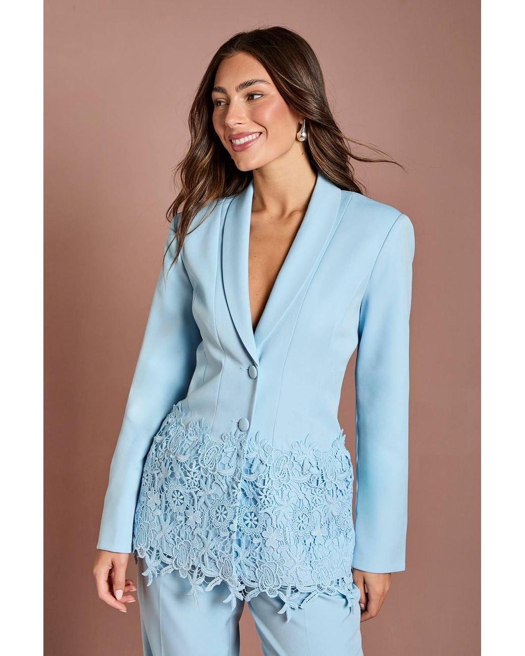 Coast Blue Single Breasted Lace Trim Fitted Blazer