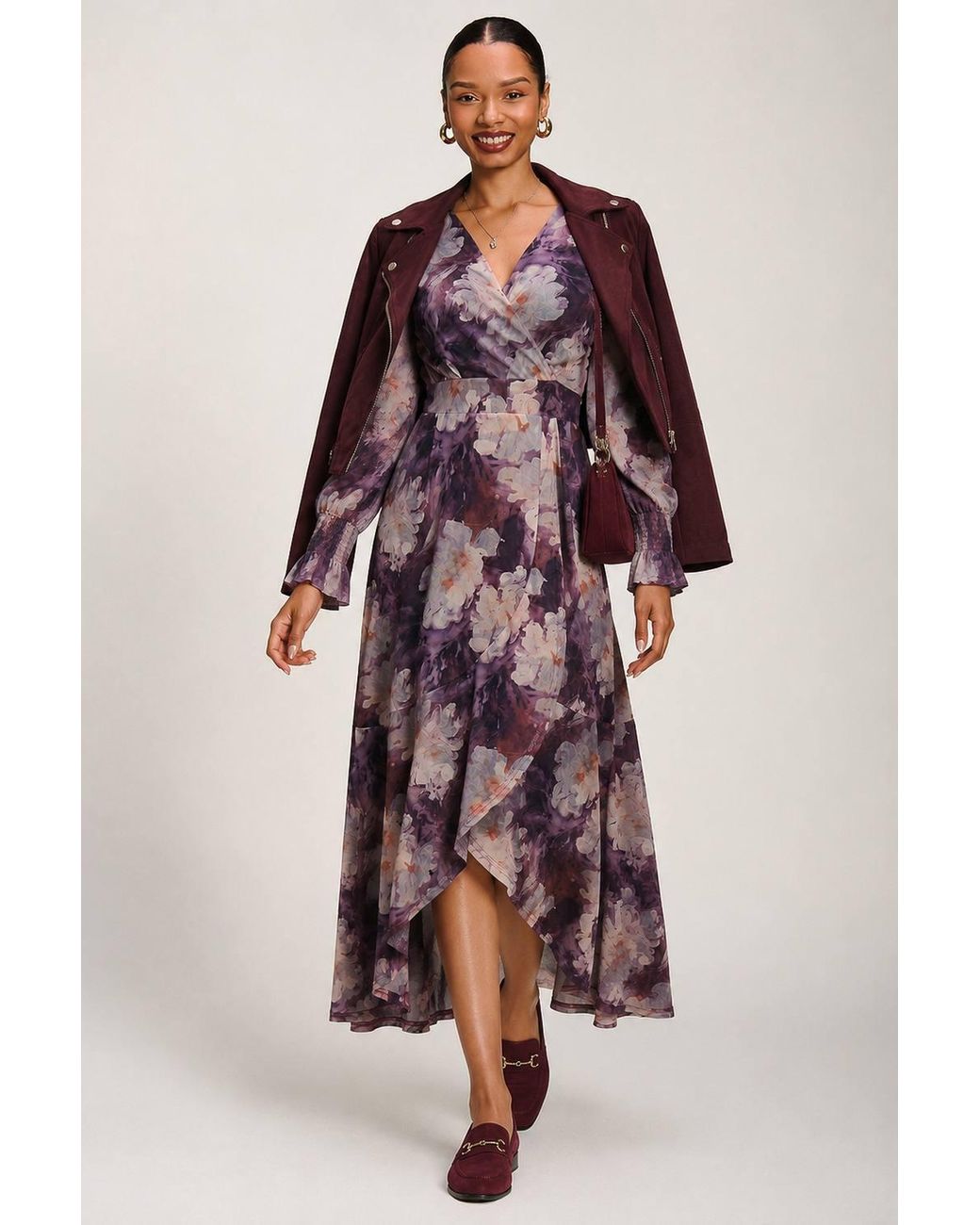 Jolie Moi Purple Ruffle Cuffed Sleeve Frill Mesh Maxi Dress