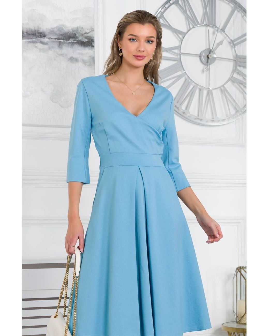Jolie Moi Blue Paige 3/4 Sleeve Wrap Dress