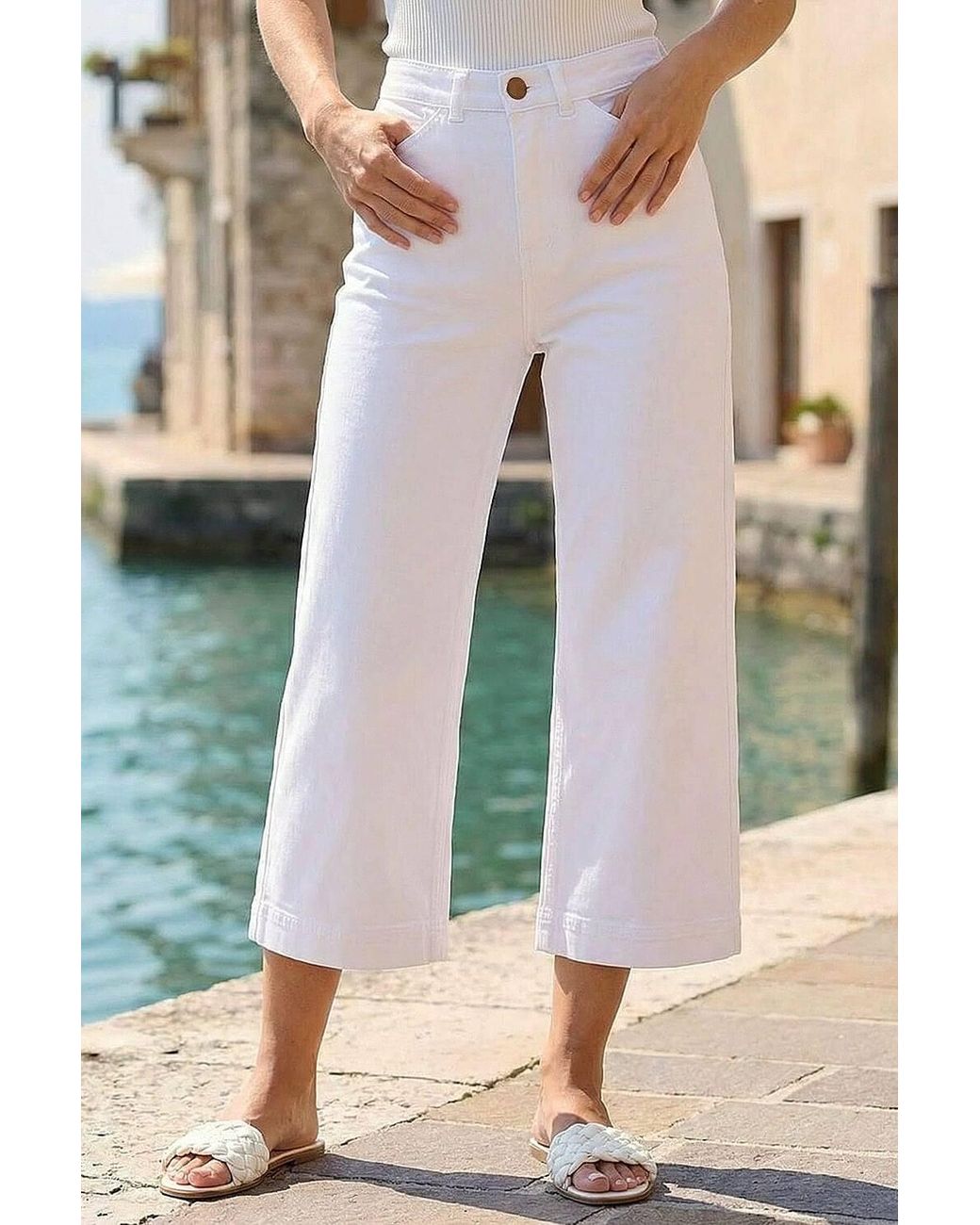 Roman Green Wide Leg Stretch Denim Cropped Culottes