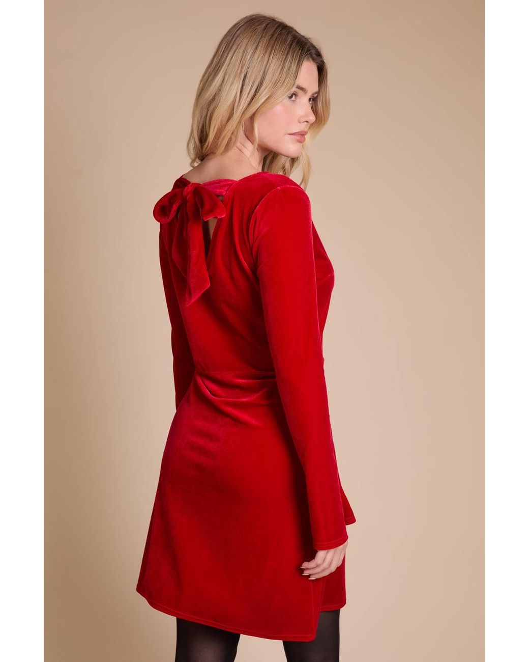 Dorothy Perkins Red Bow Back Long Sleeve Velvet Mini Dress