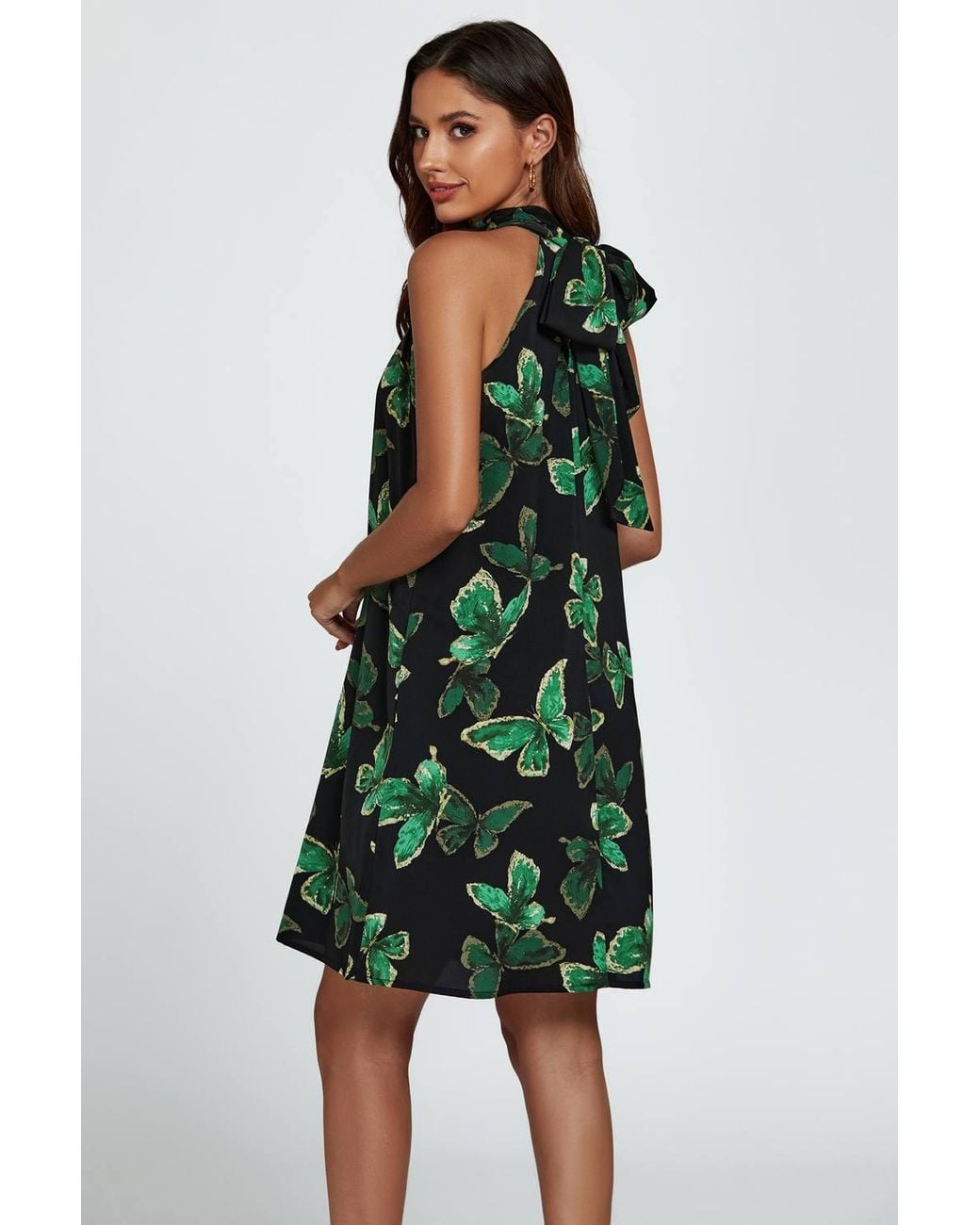 FS Collection Green Butterfly Print Halter Neck Tie Back Mini Dress