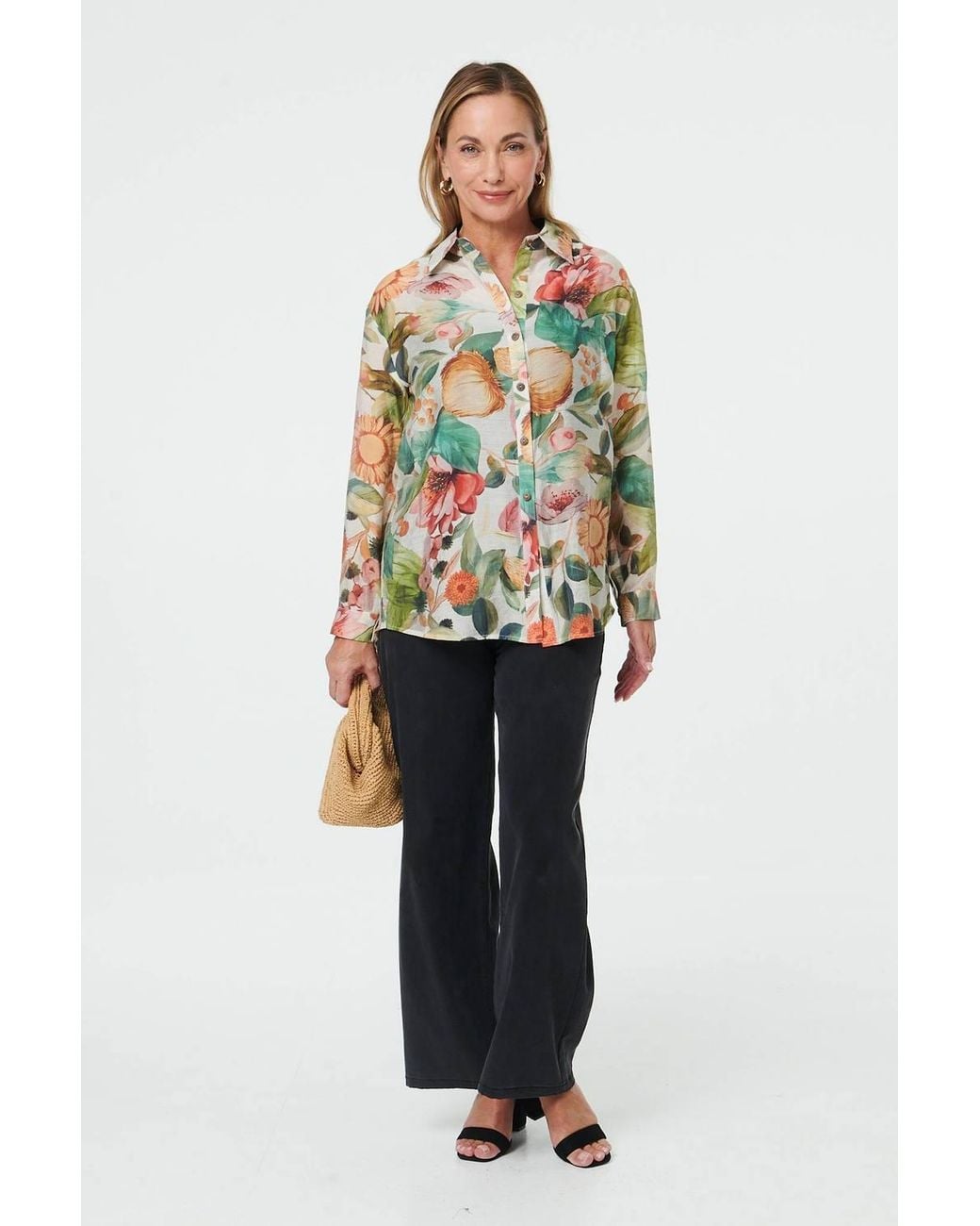 Izabel London Green Floral Long Sleeve Relaxed Fit Shirt