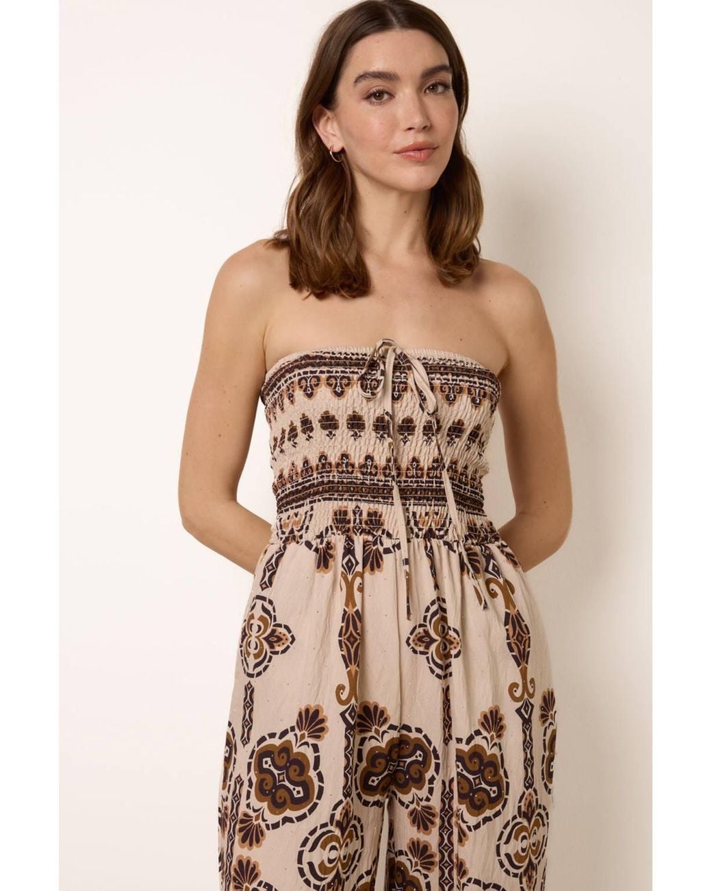Blue Vanilla Natural Shirred Waist Sleeveless Tie Jumpsuit