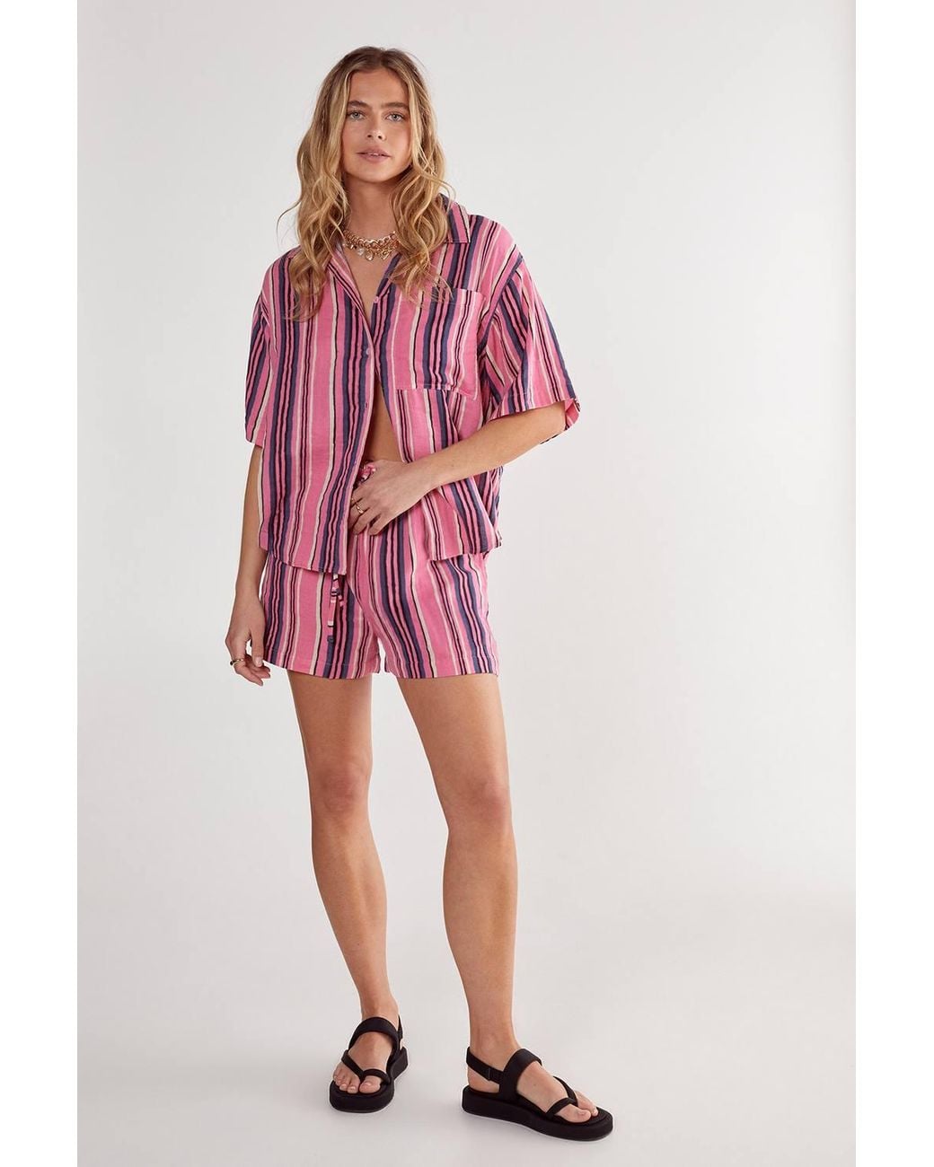 Nasty Gal Red Cotton Gauze Stripe Tie Waist Shorts