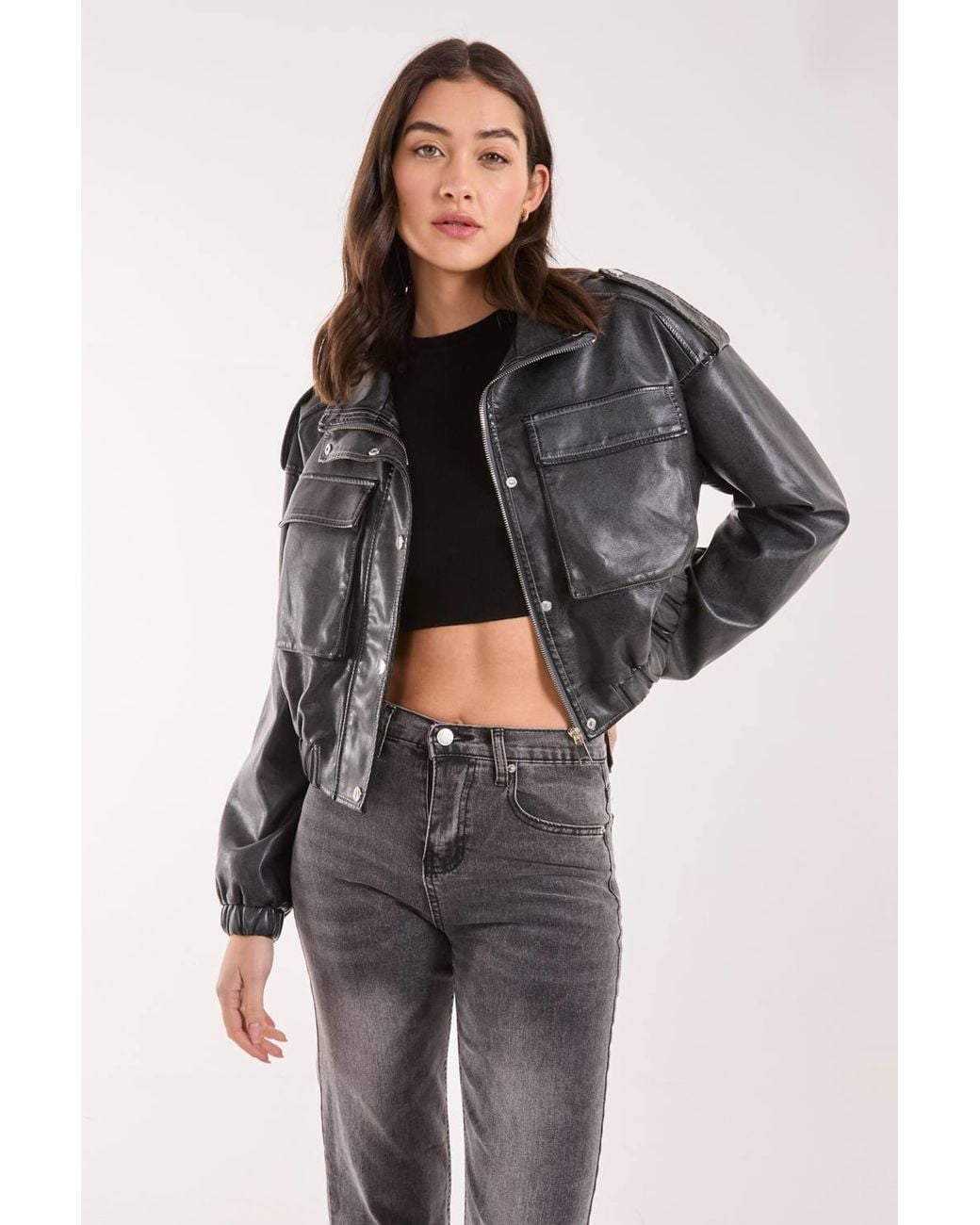 Pink Vanilla Black Pu Utility Cropped Bomber Jacket