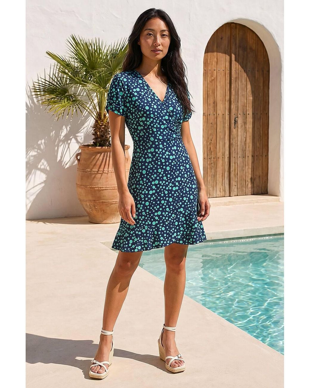Roman Blue Petite Polka Dot Frill Hem Dress