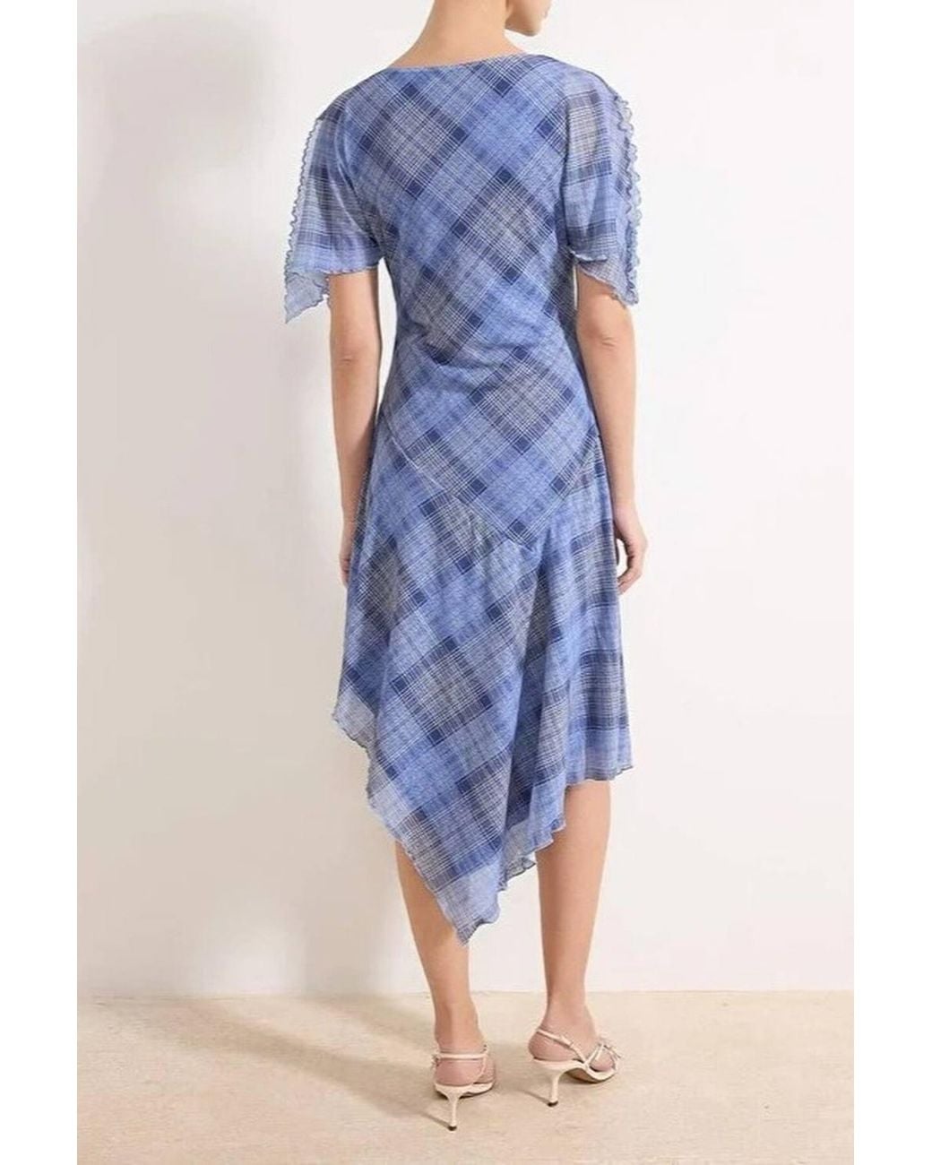 WOVCOR Blue Check Asymmetric Hem Angel Sleeve Midi Dress