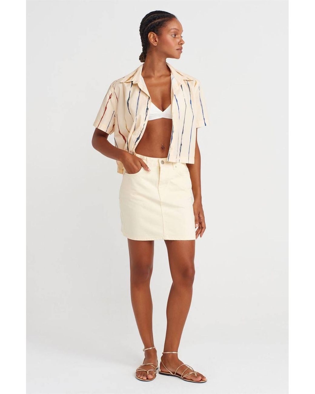 Dilvin Natural Striped Crop Shirt