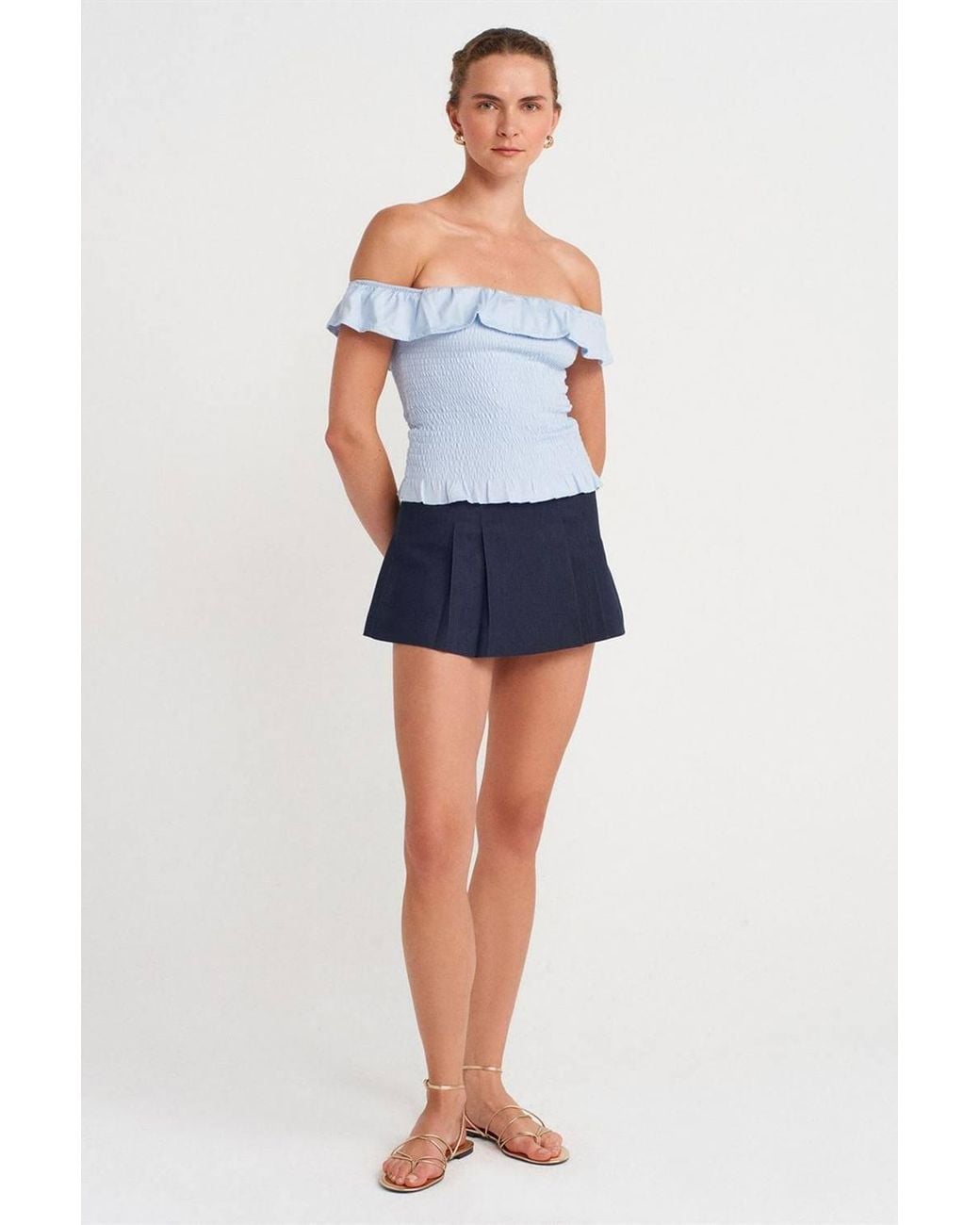 Dilvin White Off-Shoulder Ribbed Crop Blouse