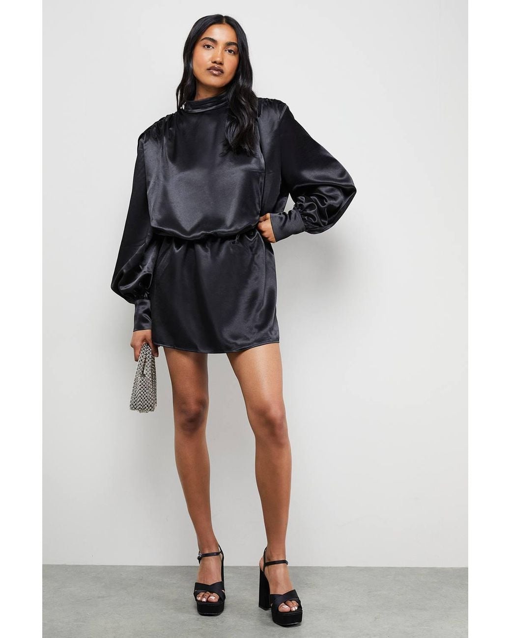 Warehouse Black Extreme Shoulder Draped Satin Mini Dress