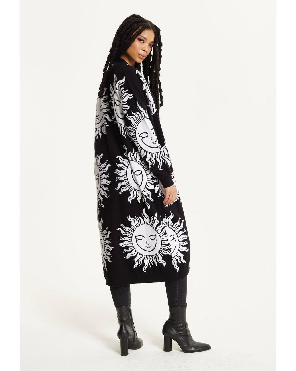 Liquorish Black Sunface Print Longline Cardigan