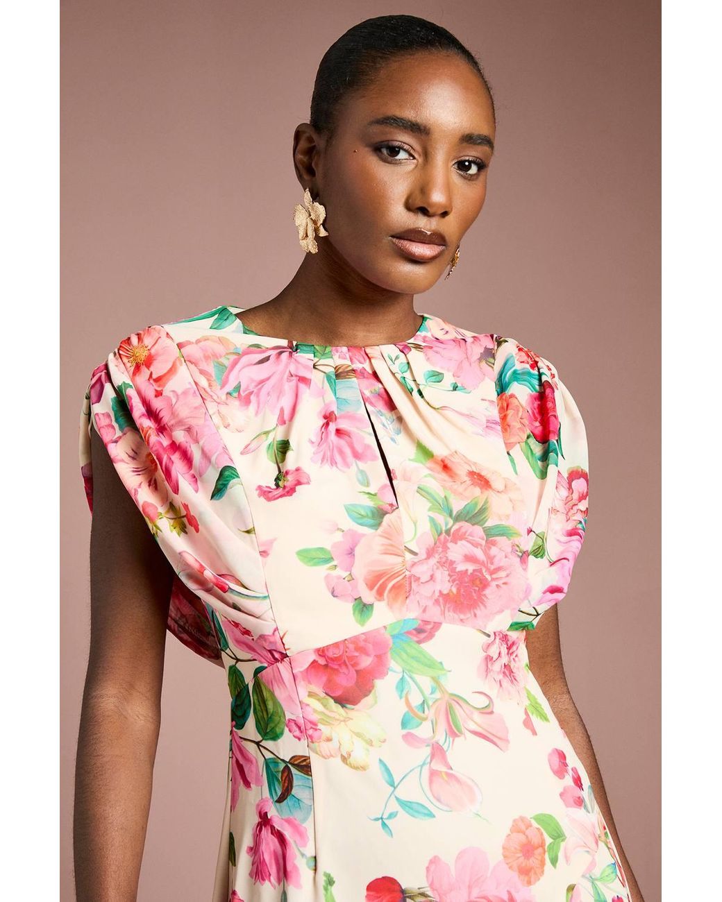 Coast Pink Cap Sleeve Floral Chiffon Midi Dress