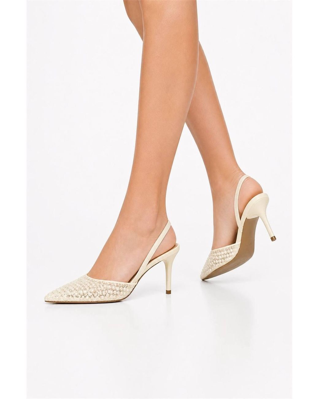 Miss Diva Natural Anusha Pearl Embellished Pointed Court Shoe Slingback Sandals