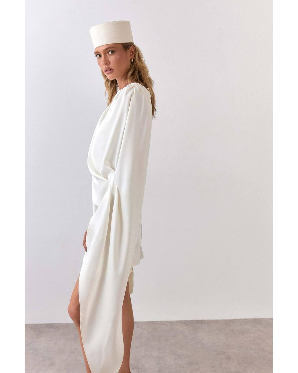 Warehouse Natural Premium Satin Draped Cape Mini Dress
