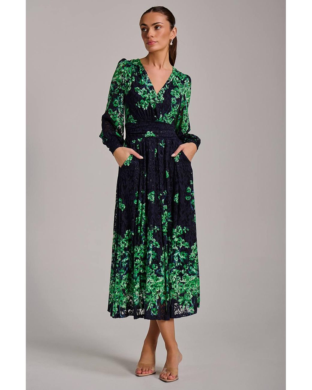 Jolie Moi Green Long Sleeve Print Lace Maxi Dress