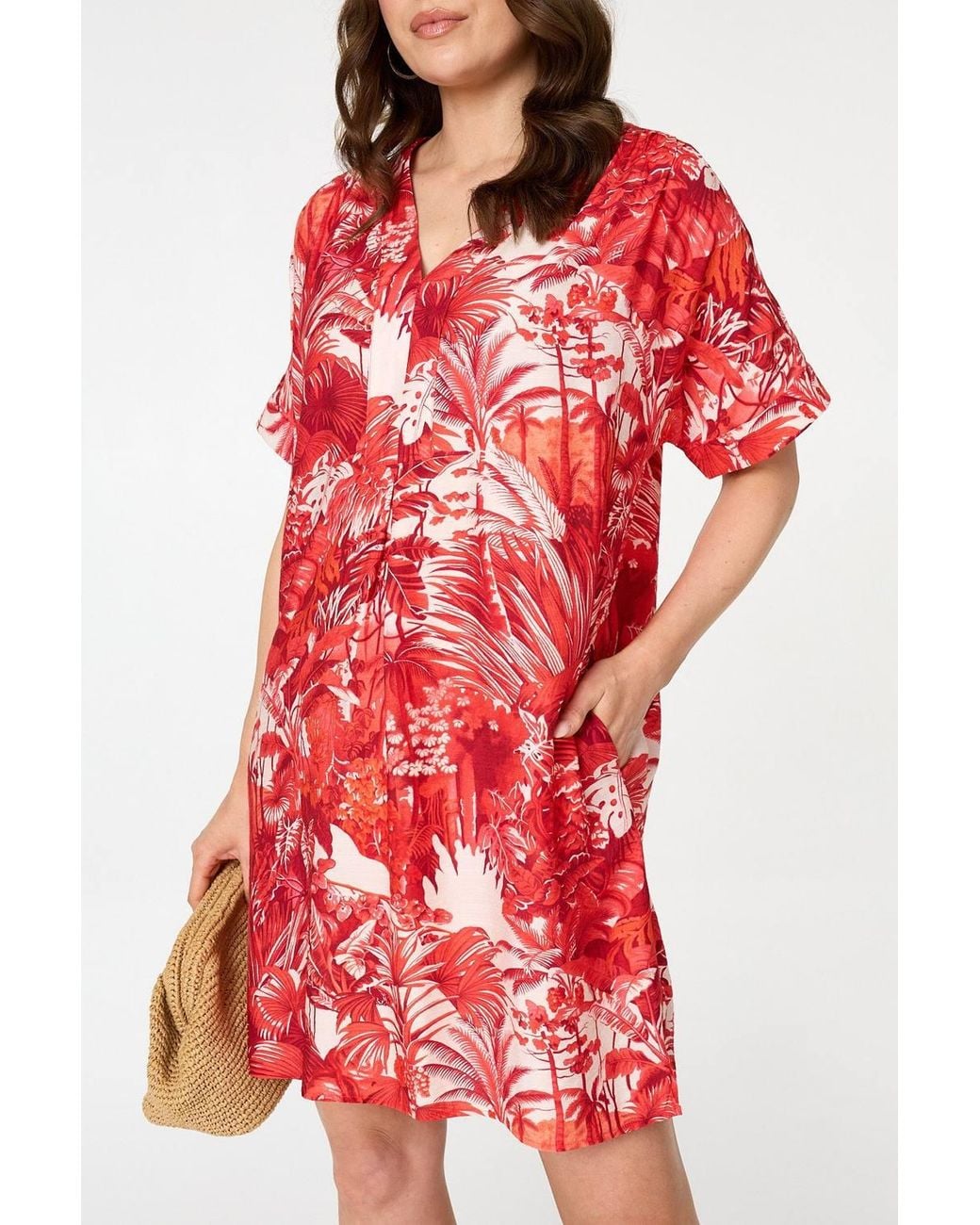 Izabel London Red Tropical Print Short Sleeve Shift Dress