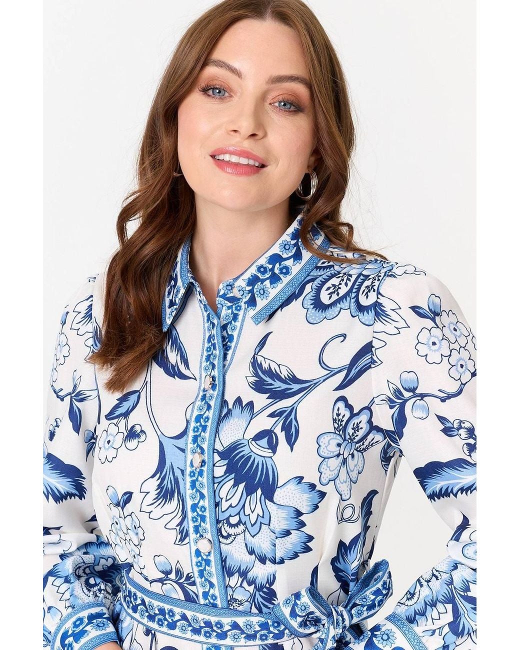 Izabel London Blue Floral Print Tie Belt Midi Shirt Dress