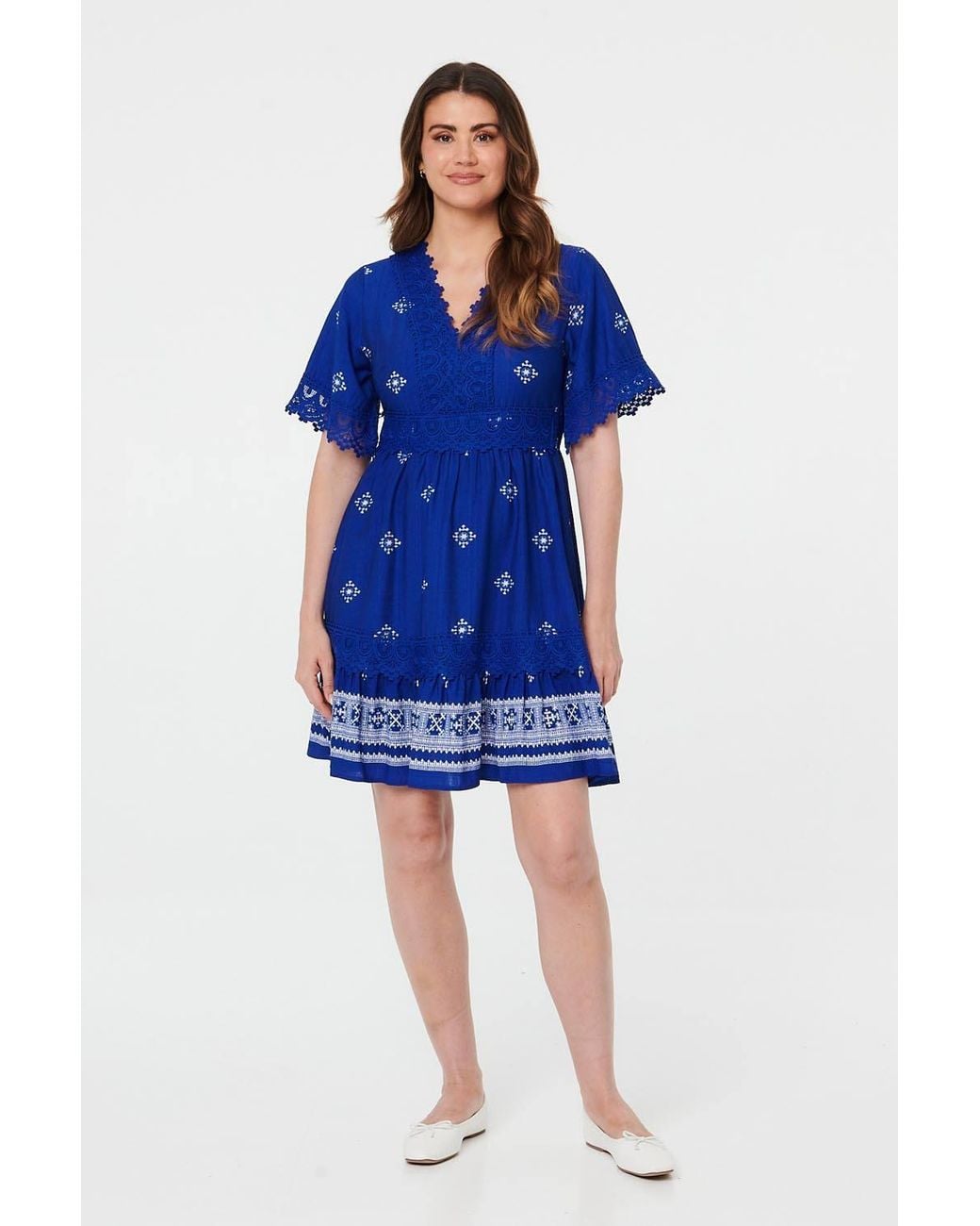 Izabel London Blue Border Print Lace 1/2 Sleeve Short Dress