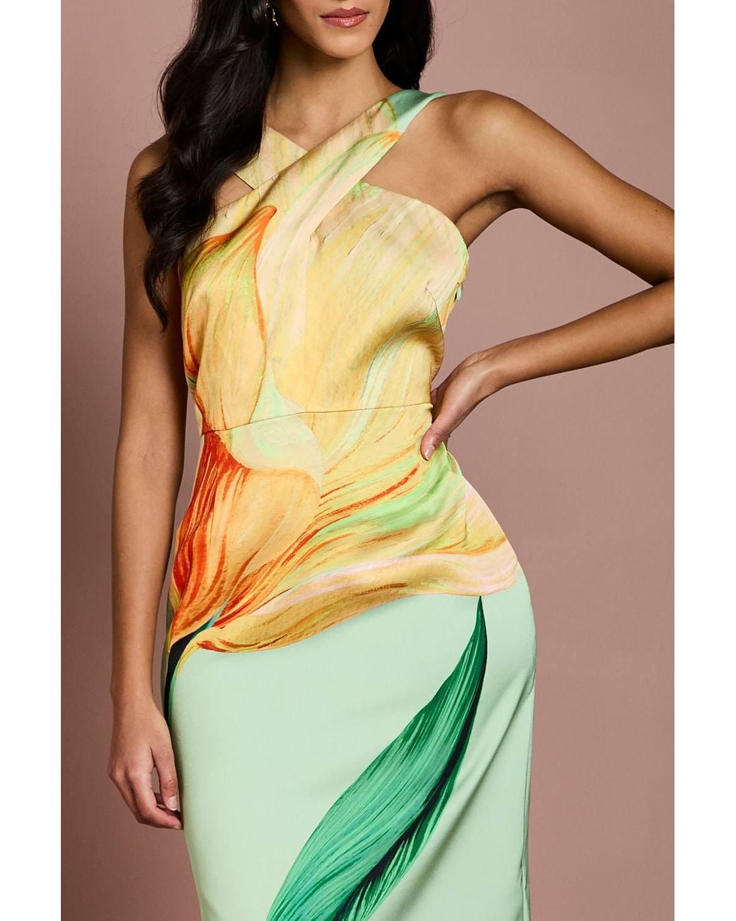Coast Green Petite Large Scale Floral Placement Print Halterneck Pencil Dress