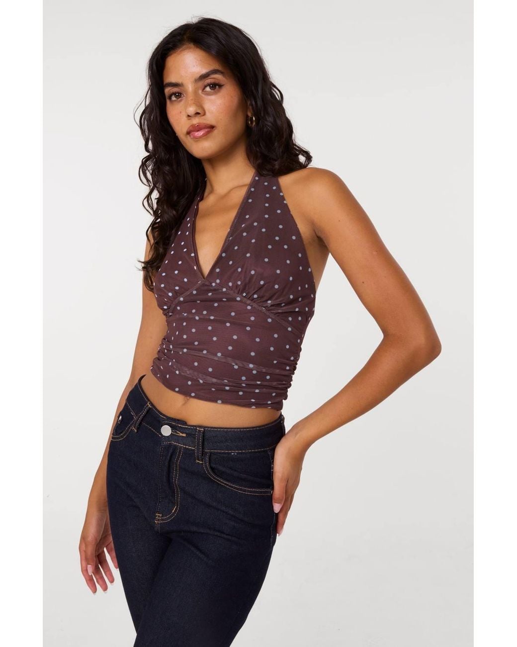 Pink Vanilla Brown Polka Dot Ruched Side Halter Top