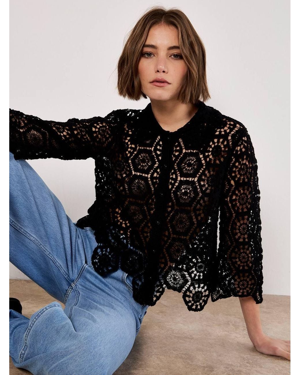 Apricot Black Geometric Cotton Crochet Shirt