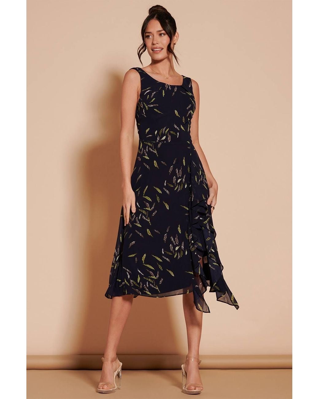 Jolie Moi Blue Print Frill Hem Chiffon Midi Dress