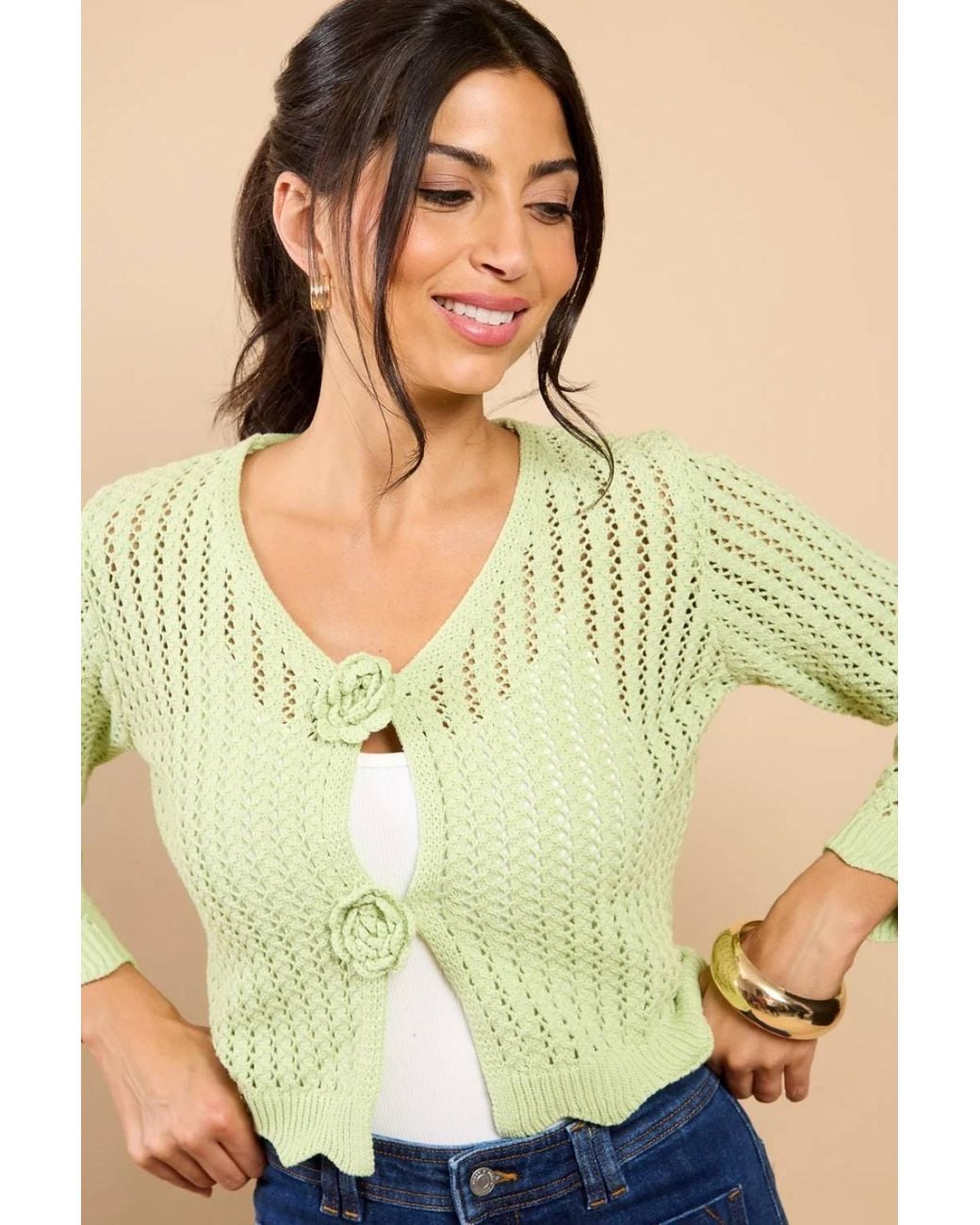 Little Mistress Blue Sage Crochet Rosette Detail Cardigan