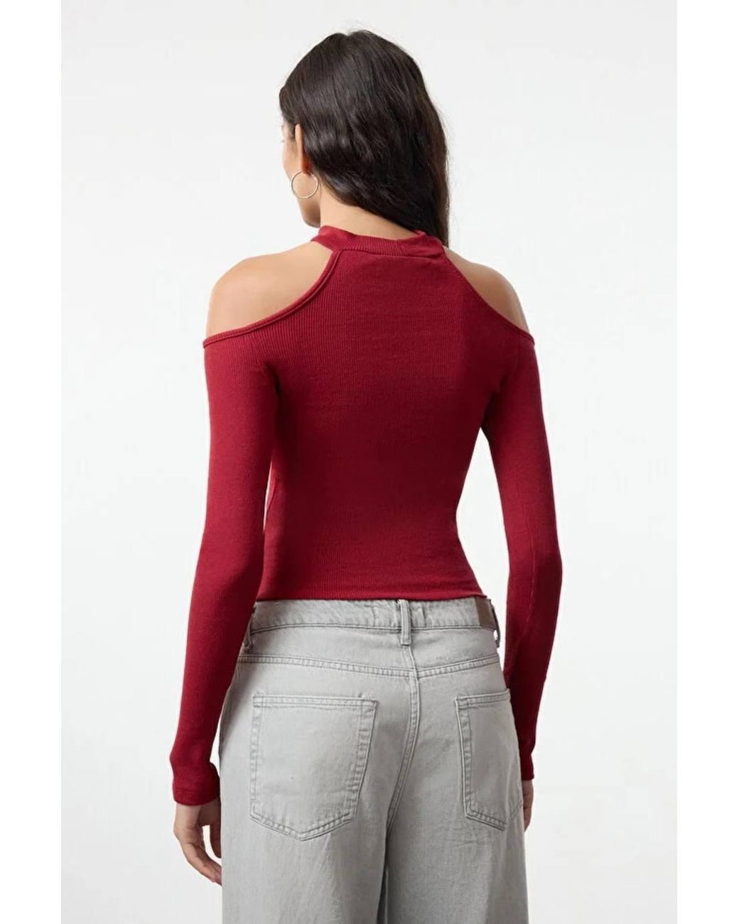 WOVCOR Red Choker Detailed Fitted Crop Ribbed Knit Blouse