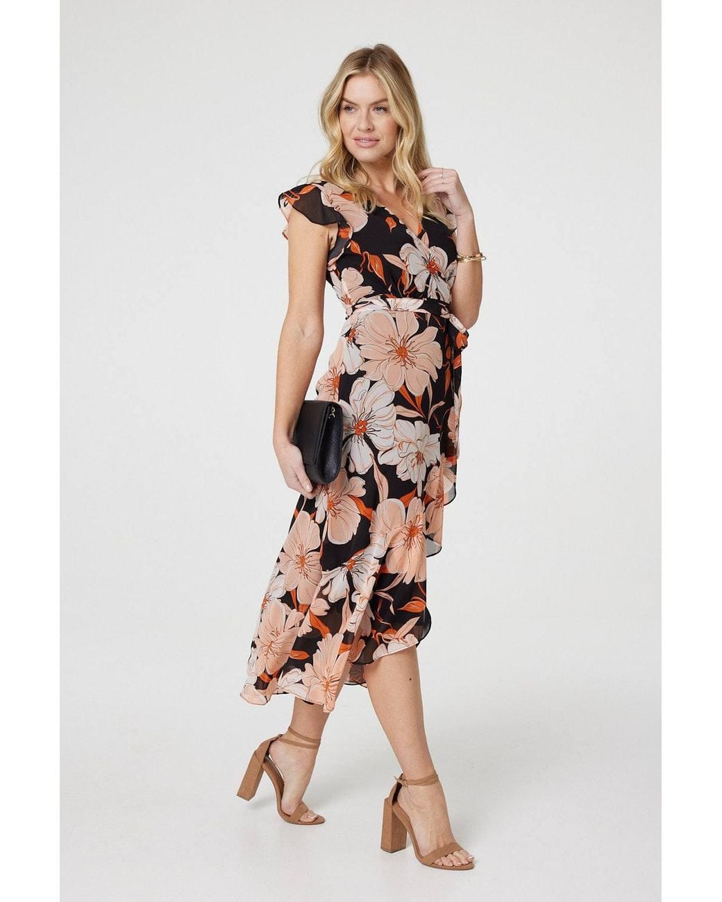 Izabel London Black Floral Frill Asymmetric Wrap Midi Dress