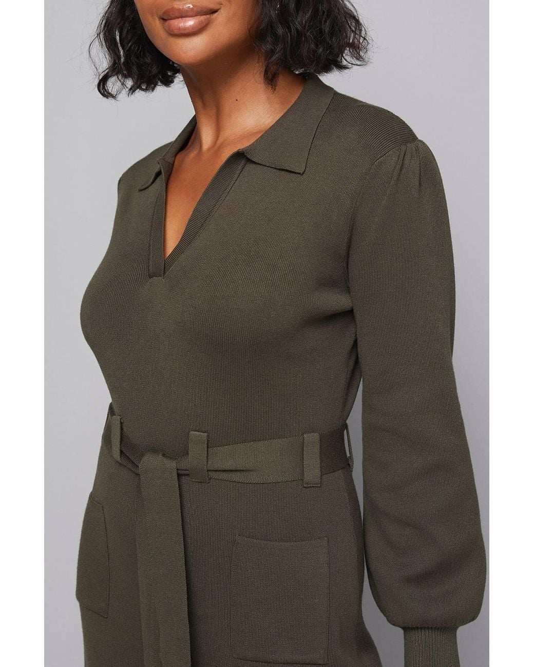 Wallis Green Collared Belted Midi Dress