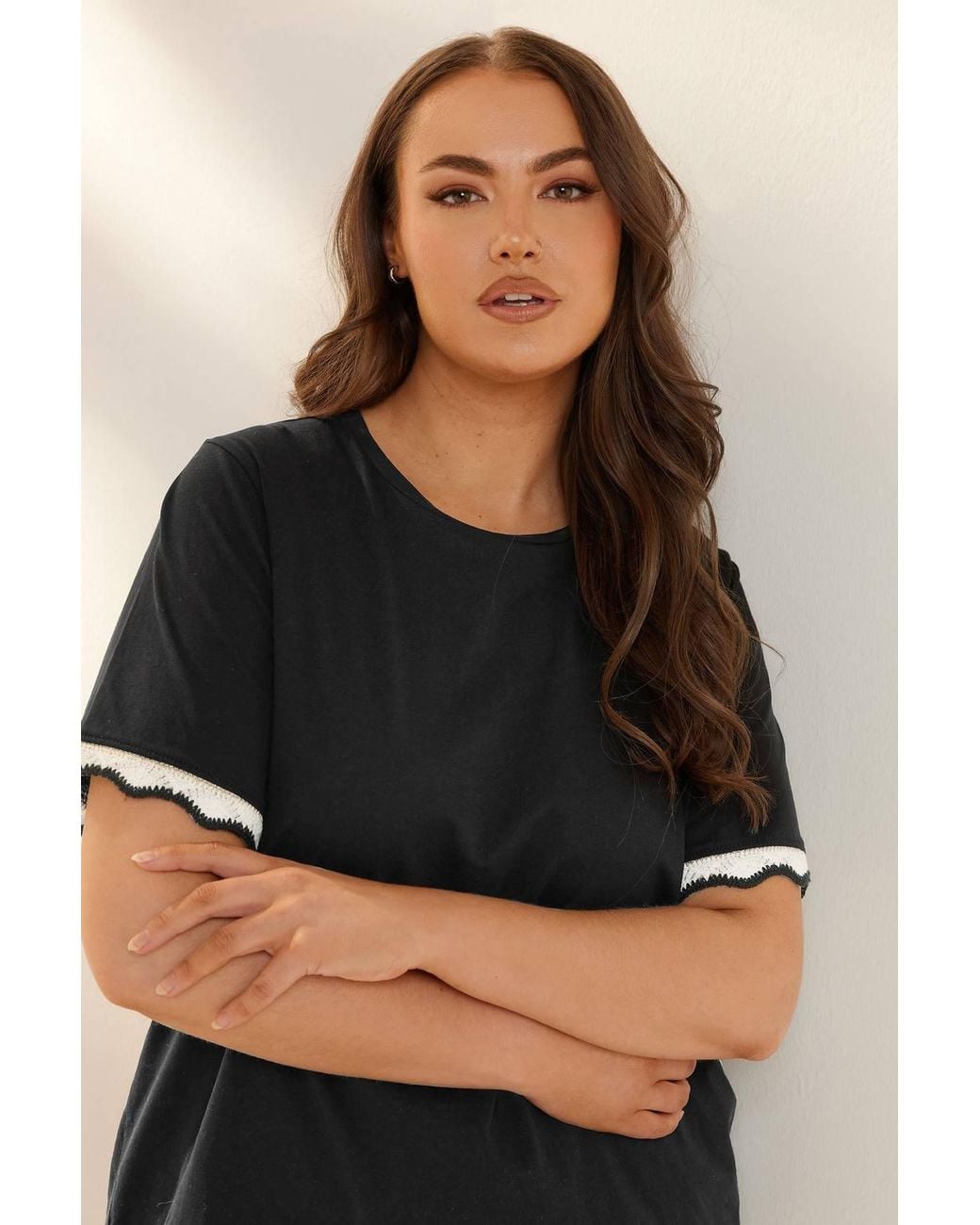 Yours Black Metallic Crochet Trim T-Shirt