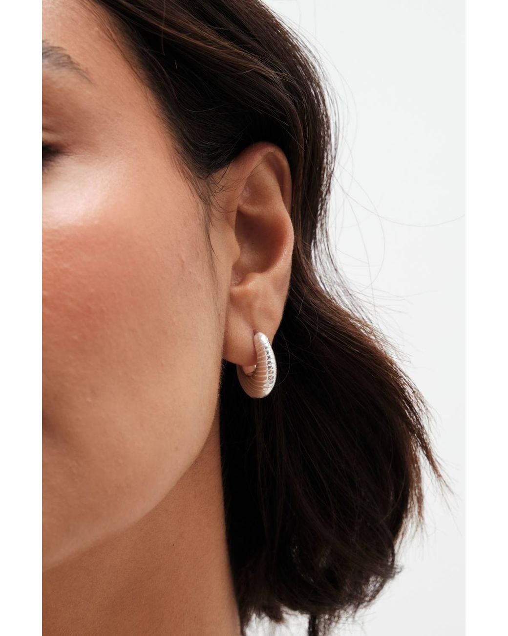 Simply Silver Metallic Sterling 925 Polished Textured Hoop Earrings