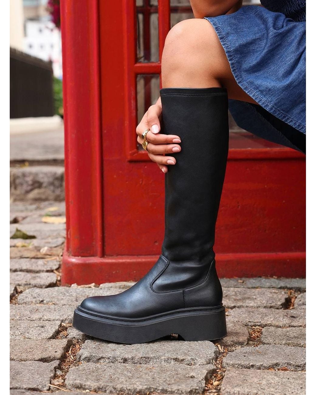 Linzi Black Bruna Faux Leather High Leg Stretch Boot