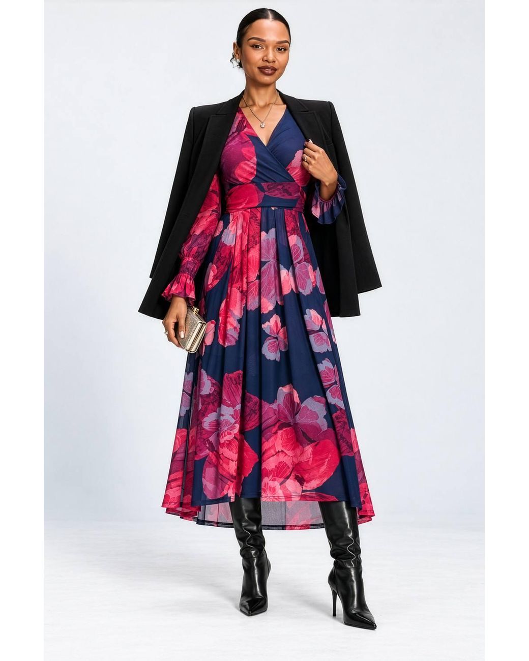 Jolie Moi Red Long Sleeve V Neck Mesh Maxi Dress