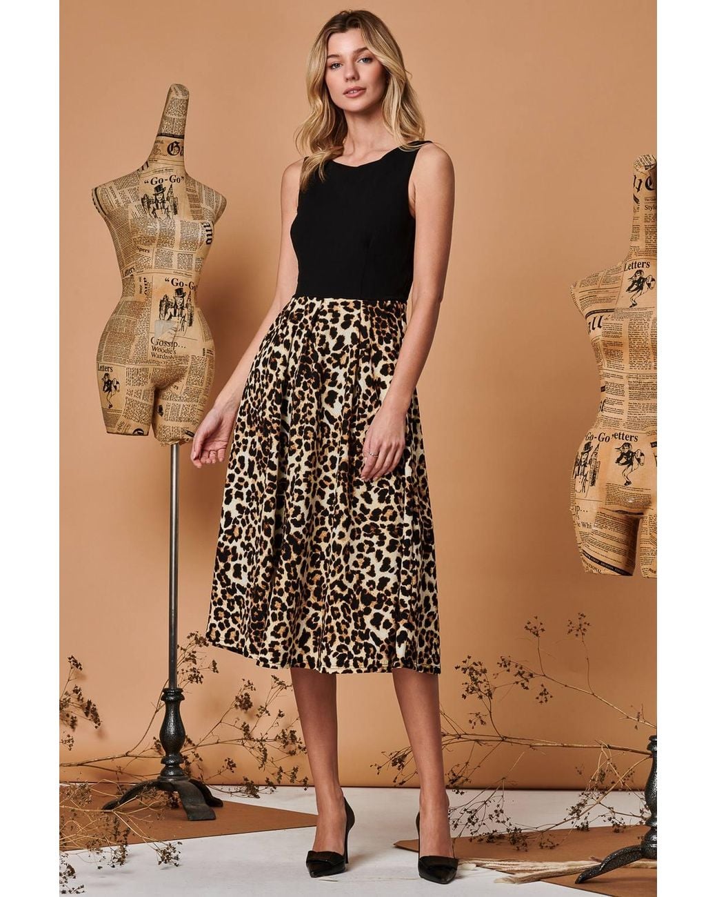 Jolie Moi Brown Two Tone Contrast Print Midi Dress