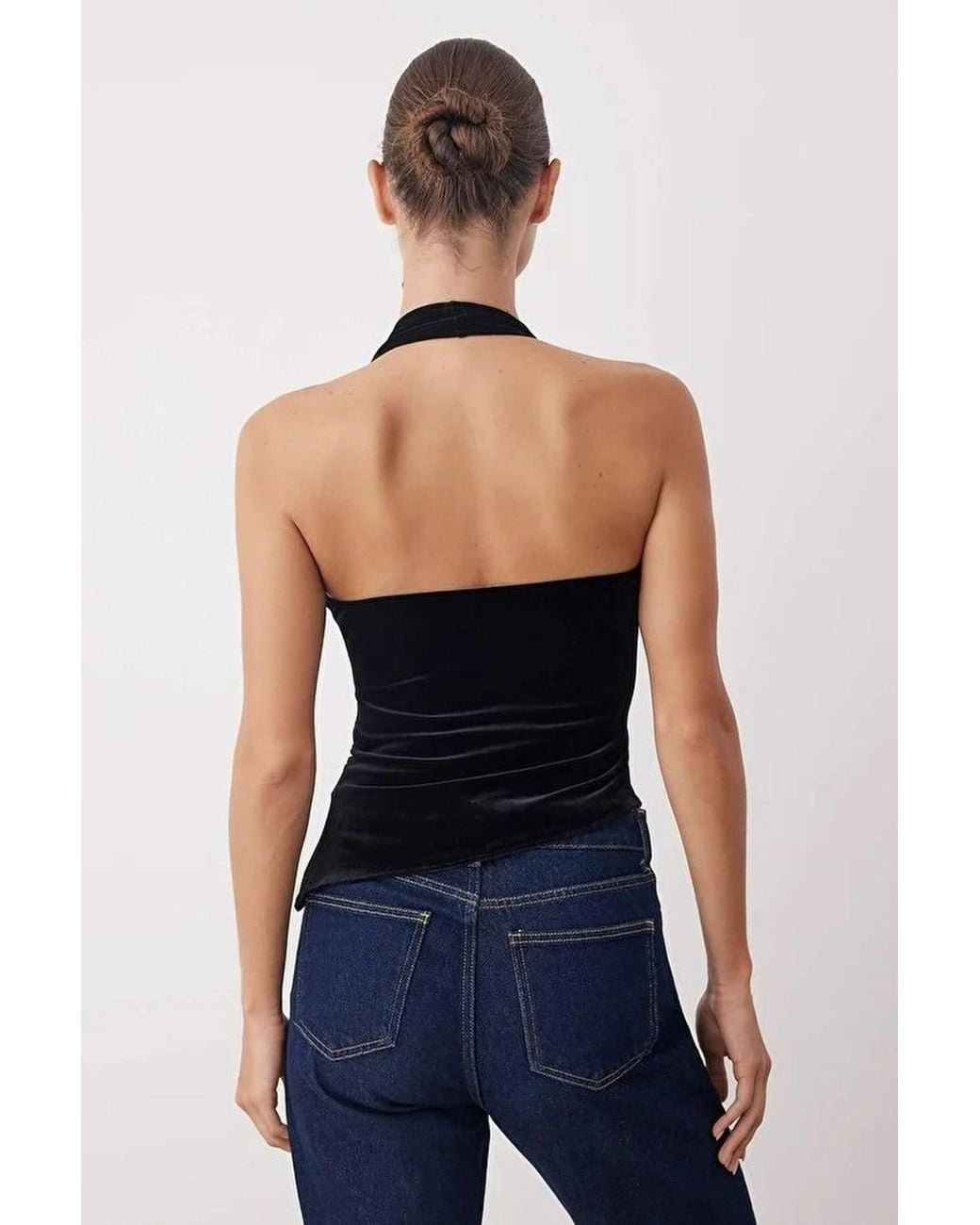 WOVCOR Blue Wrap Neck Halterneck Velvet Party Blouse