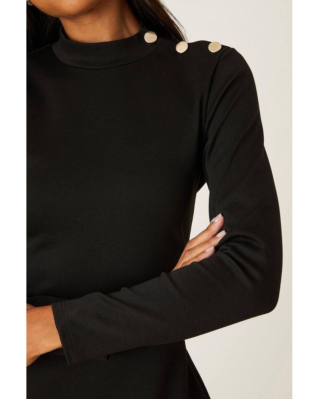 Dorothy Perkins Black Ponte High Neck Button Mini Dress