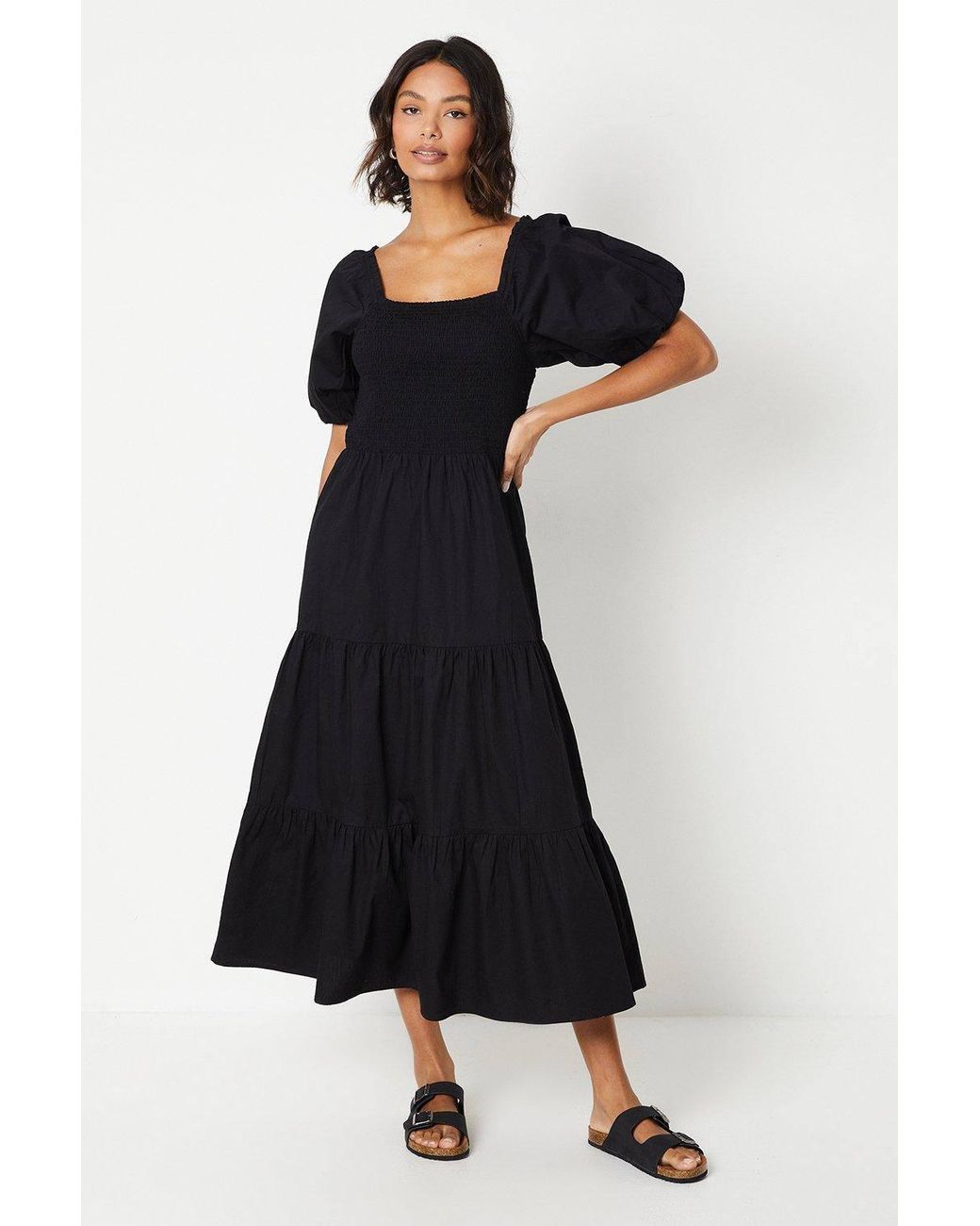 Dorothy Perkins Black Puff Sleeve Shirred Bodice Midi Dress