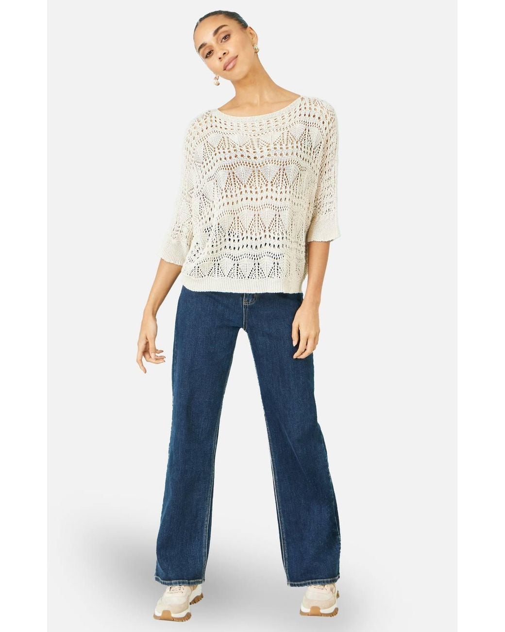 Yumi' White Cotton Mix Relaxed Fit Pointelle Jumper
