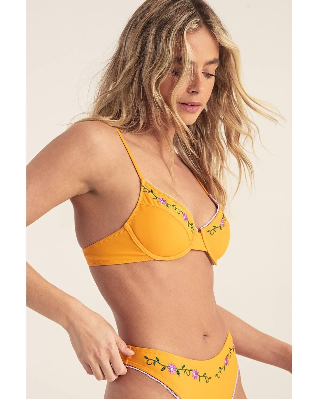 Nasty Gal Orange Floral Embroidered Picot Trim Triangle Bikini Set
