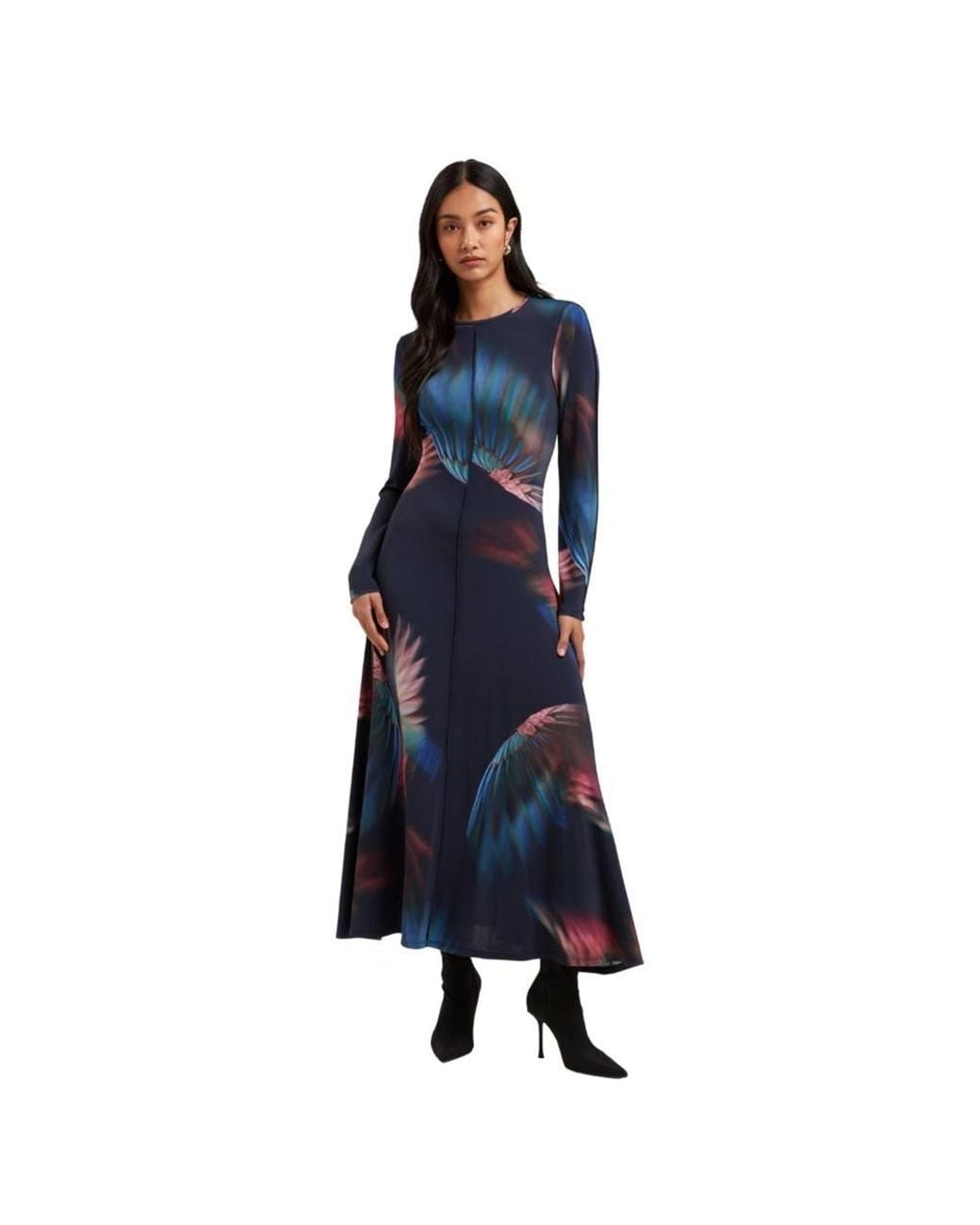 Ted Baker Blue Georii Long Sleeve Round Neck Regular Fit Midi Dress